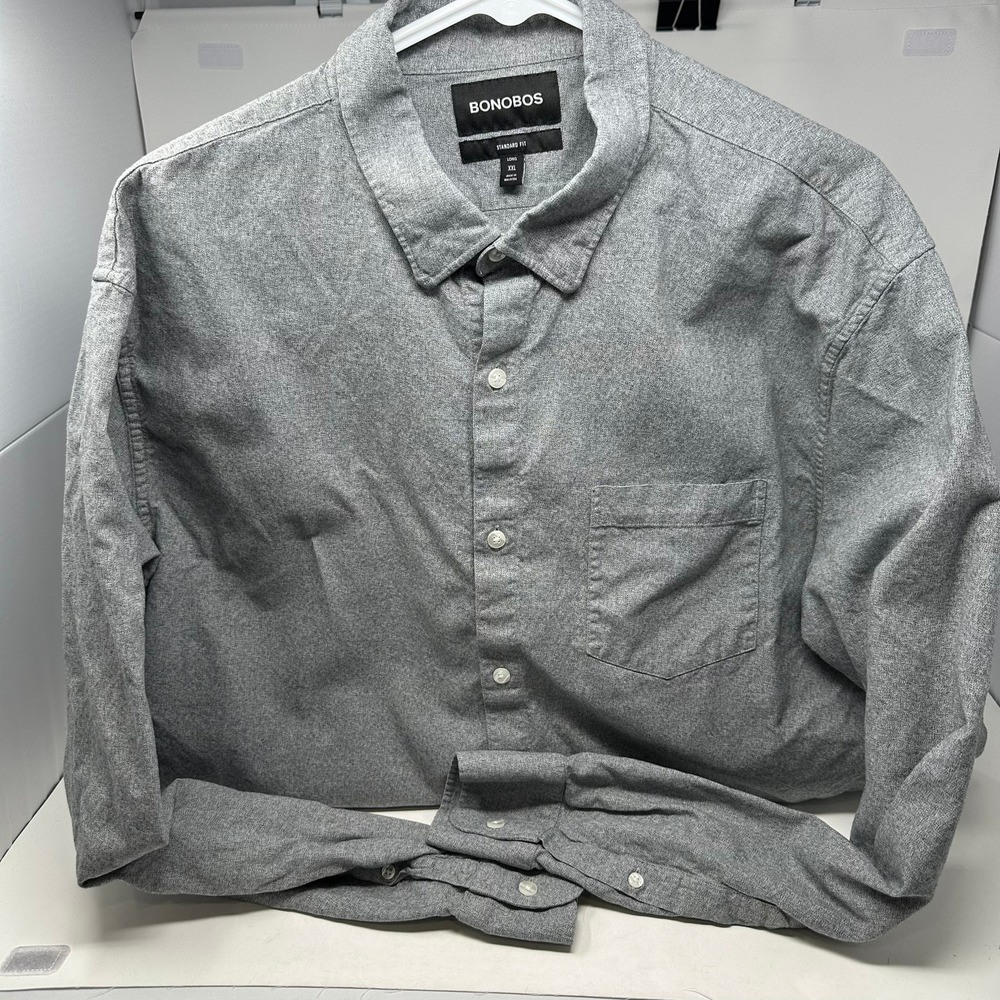 Bonobos Button Down Men XXL Long Grey Standard Fit Cotton Flannel Shirt Pocket